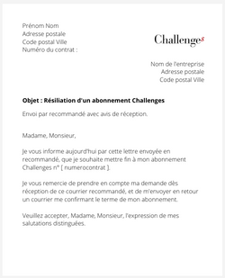 la lettre pour resilier un abonnement challenges